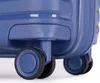 Close-up of the wheels and bottom corner of a blue suitcase. Produktbild-Vorschau