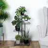 A black metal plant stand with multiple tiers holding various potted plants, placed indoors next to a light gray armchair. Náhled obrázku produktu