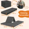 Diagrams and lifestyle image showing a foldable mattress in different configurations and a person using it as a seat. Produktbild-Vorschau