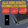A power bank is shown with text overlays highlighting its charging capabilities for various devices. Produktbild-Vorschau