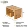 A product image of a wooden coffee table with dimensions and feature callouts. Produktbild-Vorschau