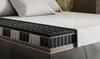 A cutaway view of a mattress showing its internal layers, placed on a bed frame with pillows in the background. Produktbild-Vorschau