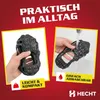 A marketing image showing shoe spikes being cleaned and held, with text highlighting features. Produktbild-Vorschau