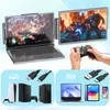 A laptop with an attached second screen displaying a video game, with a person holding a game controller. Produktbild-Vorschau