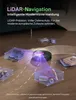 A robot vacuum cleaner is shown on a wooden floor, with purple light beams indicating its navigation and obstacle avoidance system. Several objects are highlighted within transparent boxes, demonstrating how the robot detects and navigates around them. Tex Produktbild-Vorschau