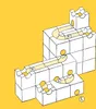 A diagram of a marble run toy made of white blocks with yellow channels, set against a yellow background. Náhľad obrázku produktu