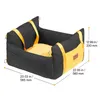 A black and yellow dog car seat with dimensions indicated by lines and text. Náhled obrázku produktu