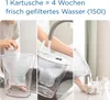 A collage showing the process of using a Brita water filter pitcher, from inserting a filter to filling a glass with filtered water. Produktbild-Vorschau