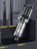 A close-up shot of a black and silver cordless handheld vacuum cleaner, displayed with various attachments on a dark, reflective surface. Produktbild-Vorschau