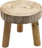A close-up studio shot of a wooden stool with a natural wood grain top and three legs. Produktbild-Vorschau