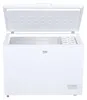 A white Beko chest freezer with the lid open, showing the interior and a storage basket with ice cube trays. Produktbild-Vorschau