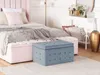 A bedroom scene with a bed, storage benches, and a decorative ottoman. Náhled obrázku produktu