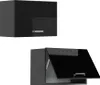 Two black high-gloss kitchen cabinets against a white background. One is closed, the other is open. Produktbild-Vorschau