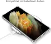 A clear phone case is shown on a wireless charger with the phone displaying a charging animation. Produktbild-Vorschau