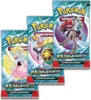 Three Pokémon trading card booster packs are displayed in a staggered arrangement against a white background. Produktbild-Vorschau