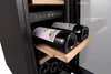 Close-up shot of a wine cooler with two bottles of wine on a wooden shelf. Produktbild-Vorschau
