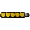 A black power strip with five yellow outlets and a switch is shown against a white background. Produktbild-Vorschau