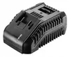 A black battery charger with a label on top. Podgląd zdjęcia produktu
