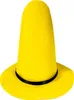 A yellow witch hat with a black ribbon around the brim, isolated on a white background. Produktbild-Vorschau