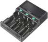 A black battery charger with multiple slots for batteries, a digital screen, and green buttons. Produktbild-Vorschau