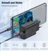 A black USB-C charger is plugged into a smartphone, with text and icons indicating fast charging and safety features. Produktbild-Vorschau