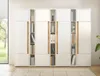 A modern white and wood-tone storage cabinet with multiple shelves and compartments, filled with books and binders. Produktbild-Vorschau