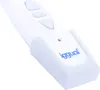A white remote control with three buttons and a blue logo. Produktbild-Vorschau