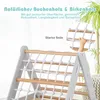 A close-up view of a wooden climbing triangle with a rope net, featuring a child's hand gripping the net. Text overlays highlight product features and materials. Produktbild-Vorschau
