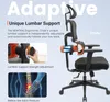 A marketing image for an ergonomic office chair, highlighting its lumbar support features with diagrams and text. Podgląd zdjęcia produktu