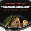 Close-up view inside a cooking pot showing food and text overlays describing product features. Produktbild-Vorschau