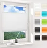 A white pleated window blind is shown installed on a window, with a view of trees and sky visible through the lower part of the window. A color swatch palette is displayed on the right side of the image. Produktbild-Vorschau