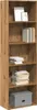 A tall, narrow bookshelf with wooden shelves and sides, filled with books and decorative items. Náhľad obrázku produktu