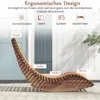 A wooden rocking lounge chair with labels indicating ergonomic support points and suggested uses. Náhled obrázku produktu