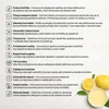 A collage of text descriptions and illustrations of a citrus juicer's features, alongside images of lemons and juice. Voir les images du produit