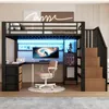 A loft bed with a desk and storage stairs in a bedroom. Voir les images du produit
