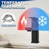 A black faucet is shown in a bathroom or kitchen setting, with graphics indicating temperature control. Náhled obrázku produktu