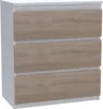A front view of a white and wood-grain dresser with three drawers.