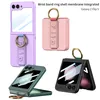 A collage of different colored phone cases for a Samsung Galaxy Z Flip 5, some open and some closed, with integrated ring holders and wristbands. Produktbild-Vorschau