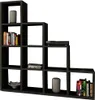 A modern, dark-colored tiered bookshelf with various items placed on its shelves. Produktbild-Vorschau