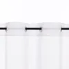 A close-up view of the top of a white sheer curtain with grommets on a black rod. Produktbild-Vorschau