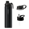 A black thermos bottle with two different lids shown separately. Produktbild-Vorschau