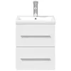 A white bathroom vanity with a sink and faucet against a white background. Produktbild-Vorschau