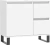 A white cabinet with a minimalist design, featuring two drawers on the right side and a larger cabinet door on the left, all supported by dark gray legs. The image is presented against a plain white background, emphasizing the clean lines and modern aesthe Produktbild-Vorschau