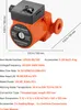 A product image showing an orange and black circulation pump with dimensions and specifications listed below. Voir les images du produit