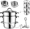 A collection of stainless steel steam juicers and pots displayed against a white background. Produktbild-Vorschau