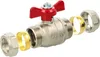 An exploded view of a ball valve with compression fittings. Produktbild-Vorschau