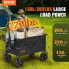 A man is sitting in a grassy area with a tent in the background, next to a VEVOR wagon filled with camping gear. Text overlays highlight the wagon's load capacity and storage space. Podgląd zdjęcia produktu