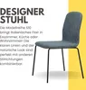 A gray designer chair with black legs is shown against a white and yellow background, with German text describing the product. Produktbild-Vorschau