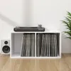 A white storage unit with a turntable and vinyl records, next to a speaker and a plant. Voir les images du produit