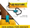 A person wearing a yellow swimming trunk with a blue Restube device attached to their waist, with a diagram of the Restube device and its dimensions shown. Podgląd zdjęcia produktu